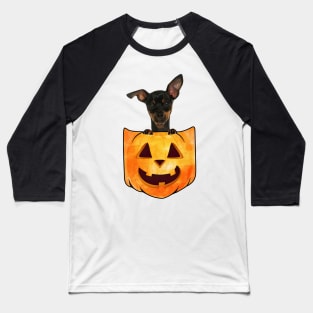 Miniature Pinscher Dog In Pumpkin Pocket Halloween Baseball T-Shirt